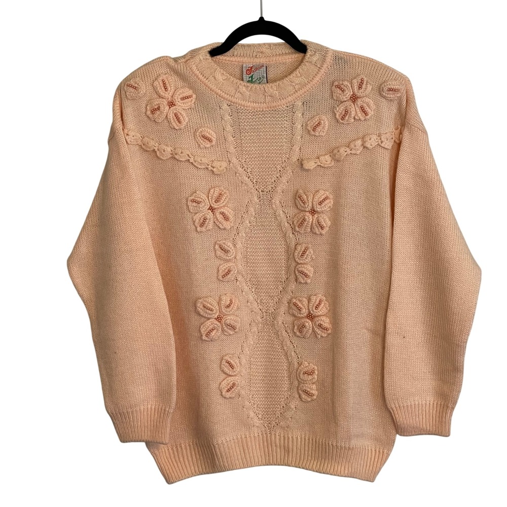 Fashion Ferza Vintage Peach‎ Floral Beaded 3D Applique Knit Sweater Grannycore